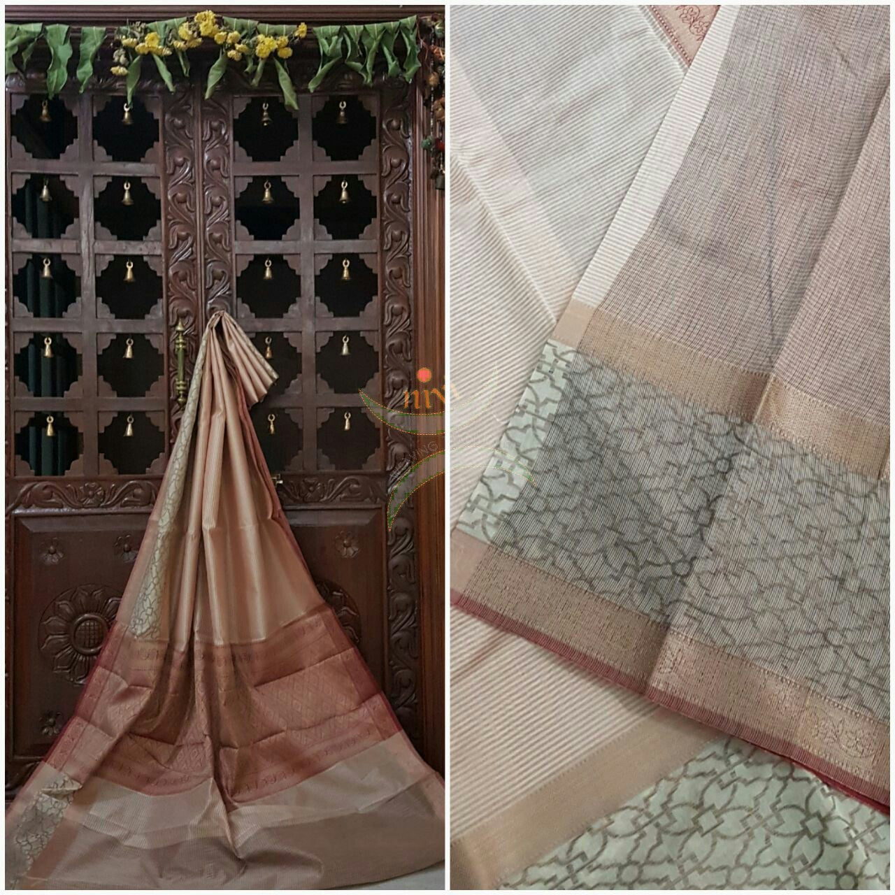 Peach Silk Cotton woven Brocade saree with contrast border and pallu.