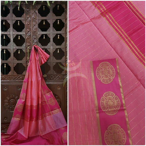 Pink Benaras woven checks silk cotton with antique gold zari brocade on border