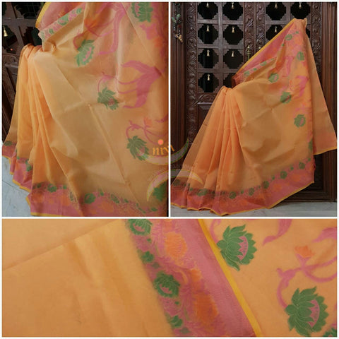 Merserised Cotton woven saree with floral motif.