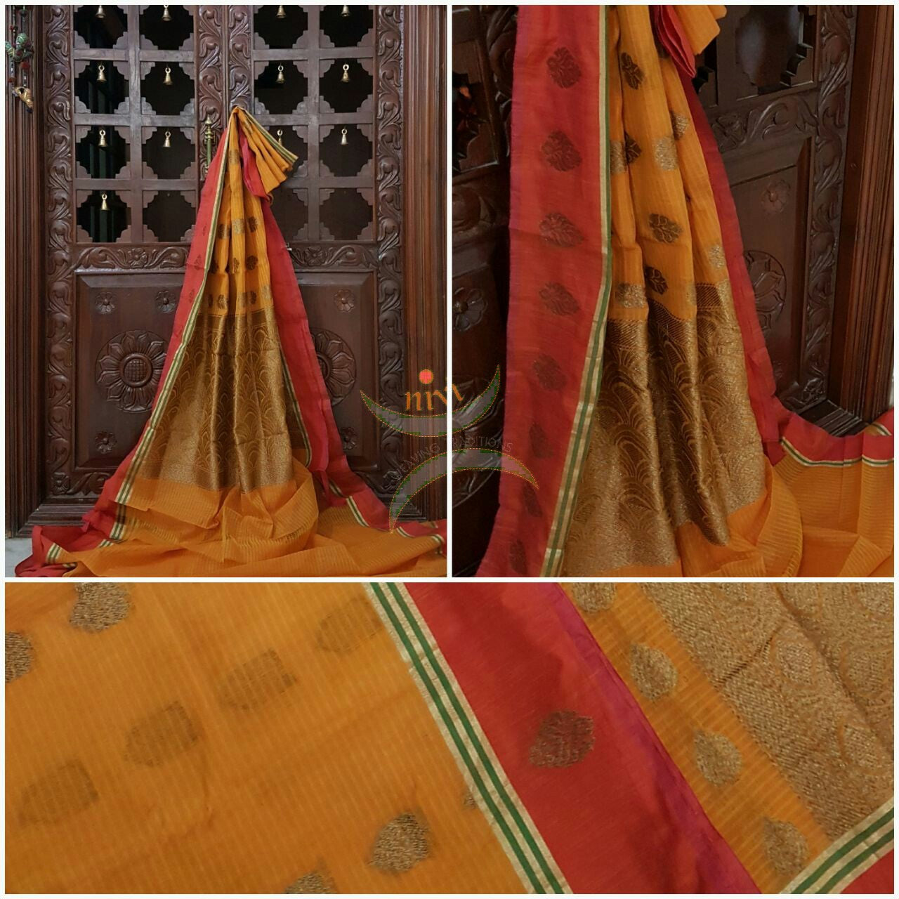Orangish Yellow silk cotton benaras brocade saree with Raw silk finish contrasting border and antique gold zari woven booties on border and all over the saree.