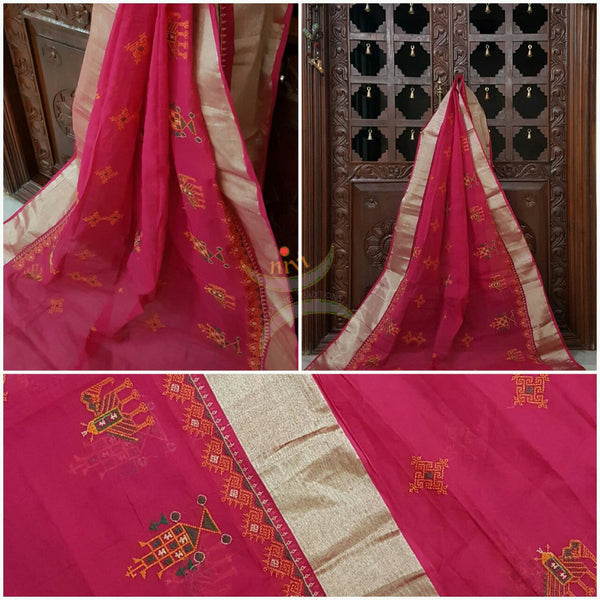 Pink with silver Kota Cotton Kasuti embroidered Duppata with Traditional Anne Ambari motifs.