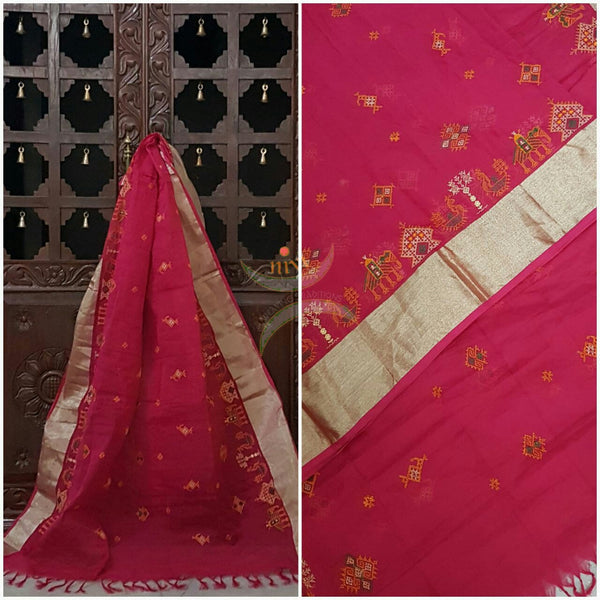 Pink with silver Kota Cotton Kasuti embroidered Duppata with Traditional Anne Gopura motifs.