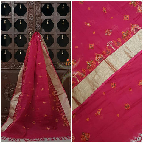 Pink with silver Kota Cotton Kasuti embroidered Duppata with Traditional Anne Gopura motifs.