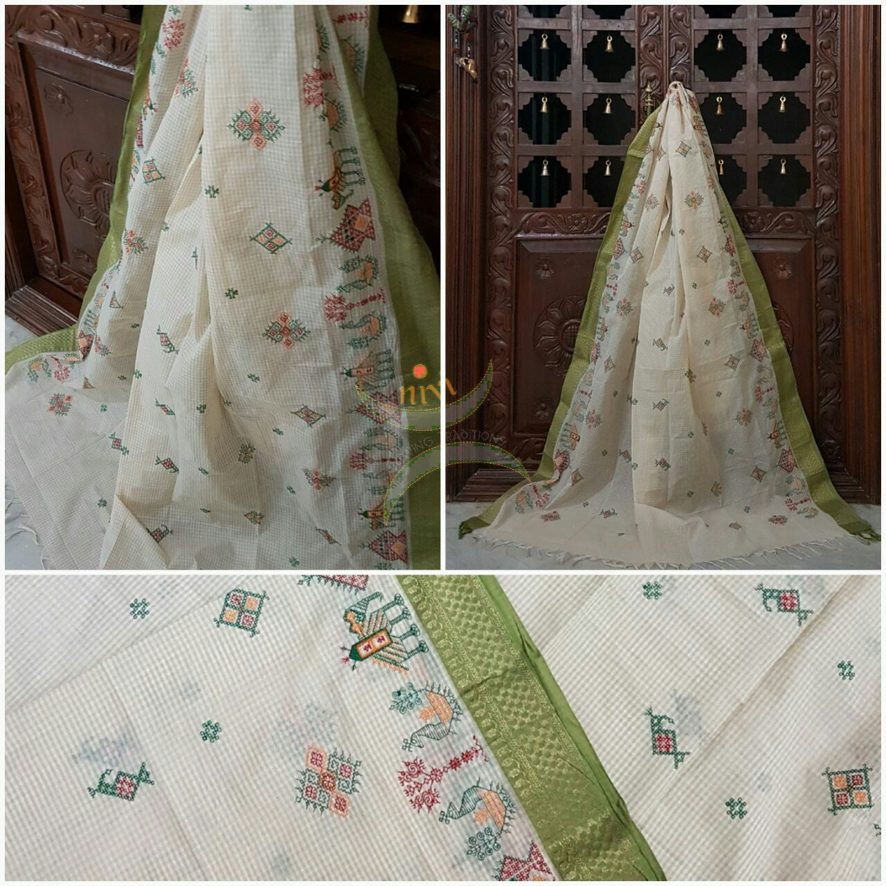 Off white with Green chequared Kota Cotton Kasuti embroidered Duppata with Traditional Anne Gopura motifs.