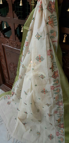 Off white with Green chequared Kota Cotton Kasuti embroidered Duppata with Traditional Anne Gopura motifs.