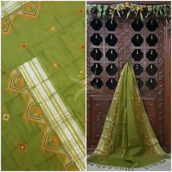 Moss Green with Silver Kota Cotton Kasuti embroidered Duppata with Traditional peacock motifs.