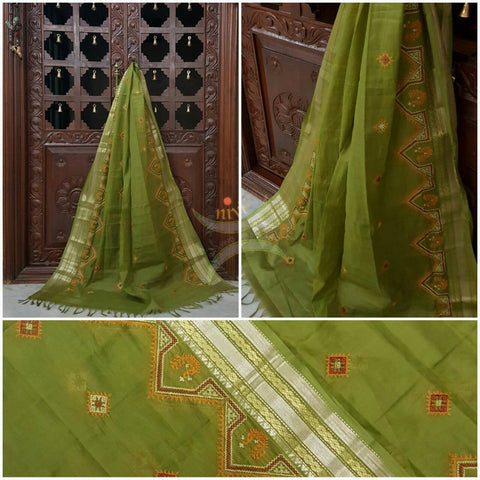 Moss Green with Silver Kota Cotton Kasuti embroidered Duppata with Traditional peacock motifs.