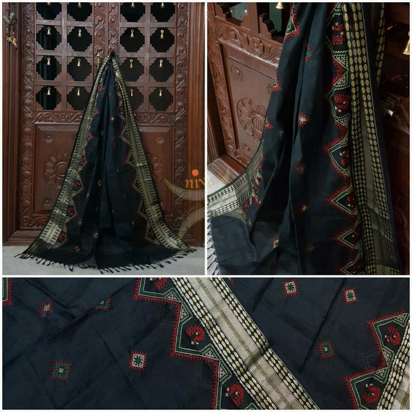 Black with silver Kota Cotton Kasuti embroidered Duppata with Traditional Peacock motifs.