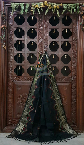 Black with silver Kota Cotton Kasuti embroidered Duppata with Traditional Peacock motifs.