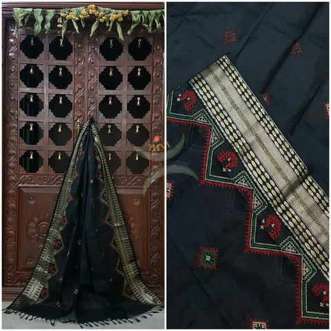Black with silver Kota Cotton Kasuti embroidered Duppata with Traditional Peacock motifs.