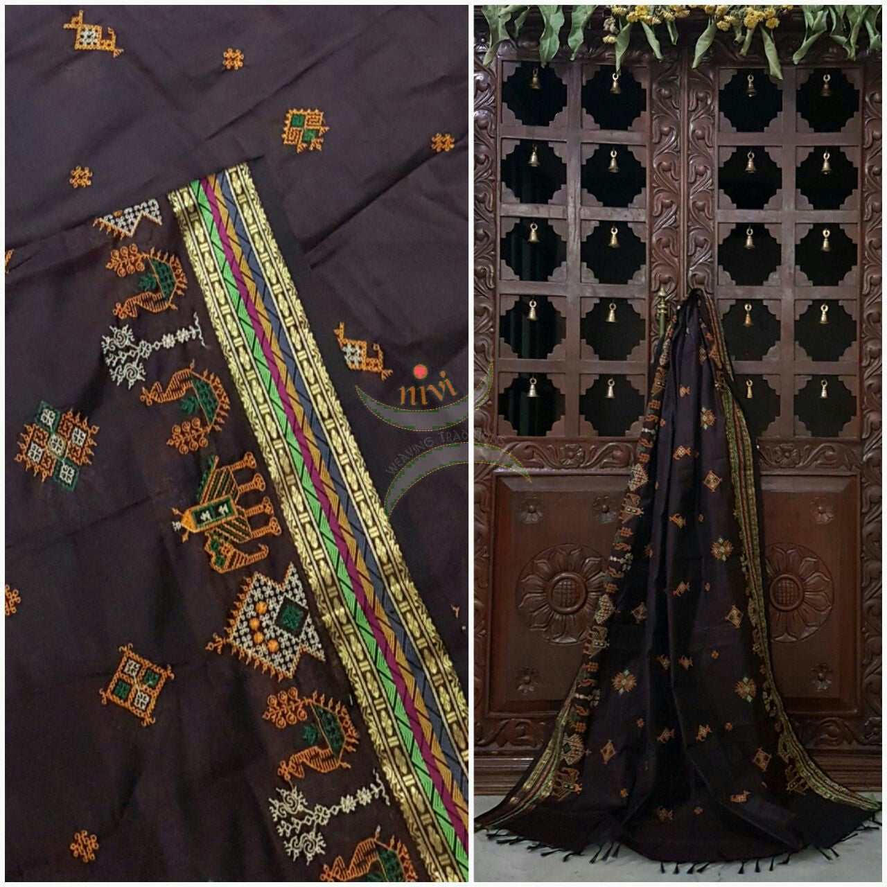 Brown with Gold Kota Cotton Kasuti embroidered Duppata with Traditional Anne Gopura motifs.