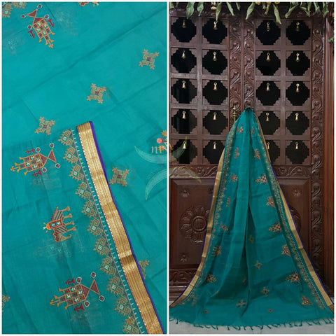 Sea Green with Navy blue Kota Cotton Kasuti embroidered Duppata with Traditional Anne Ambari motifs.