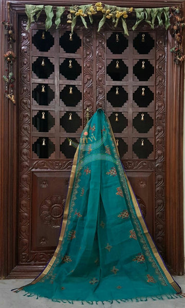 Sea Green with Navy blue Kota Cotton Kasuti embroidered Duppata with Traditional Anne Ambari motifs.