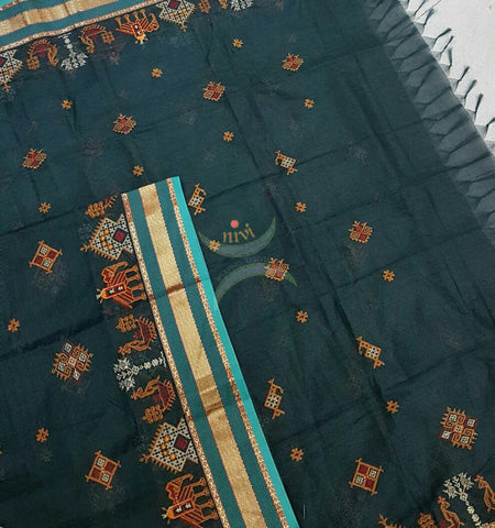 Dark Teal with Sea Green Kota Cotton Kasuti embroidered Duppata with Traditional Anne Gopura motifs.