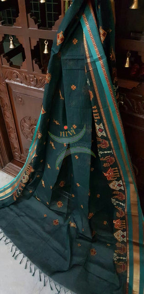 Dark Teal with Sea Green Kota Cotton Kasuti embroidered Duppata with Traditional Anne Gopura motifs.