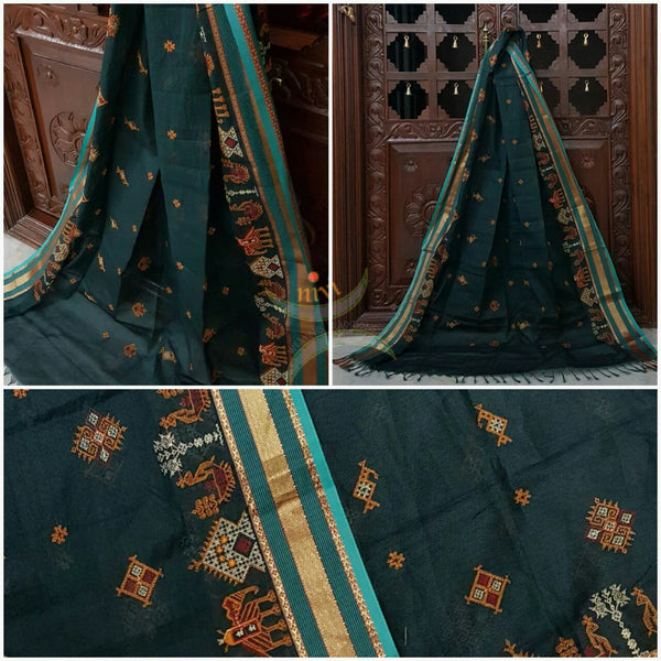 Dark Teal with Sea Green Kota Cotton Kasuti embroidered Duppata with Traditional Anne Gopura motifs.