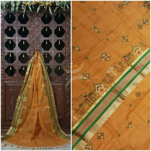 Mustard with Green Kota Cotton Kasuti embroidered Duppata with Traditional Anne Gopura motifs.