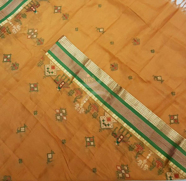 Mustard with Green Kota Cotton Kasuti embroidered Duppata with Traditional Anne Gopura motifs.
