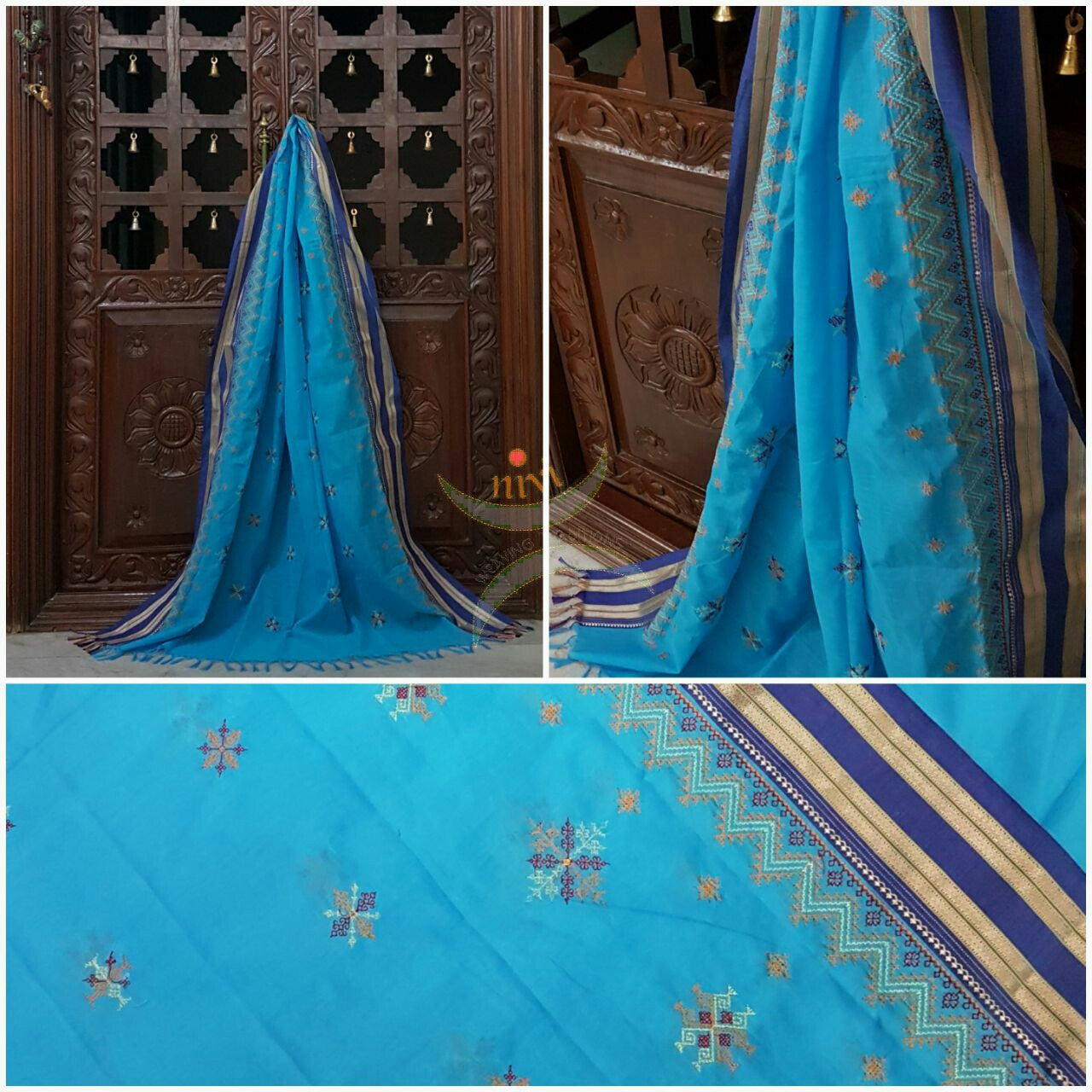 Blue with Navy blue Narayanpet Cotton Kasuti embroidered Duppata with Traditional motifs.