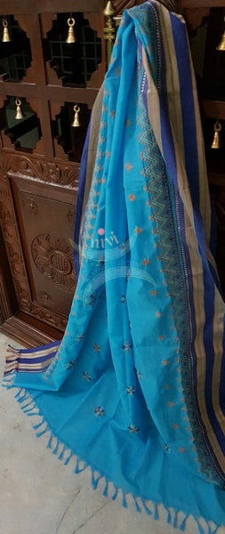 Blue with Navy blue Narayanpet Cotton Kasuti embroidered Duppata with Traditional motifs.