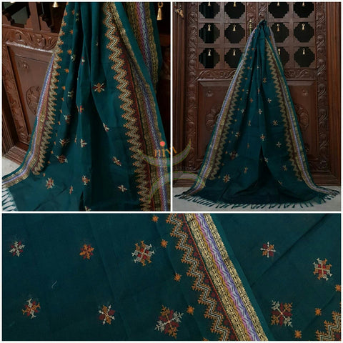 Dark Teal with Gold Kota Cotton Kasuti embroidered Duppata with Traditional motifs.