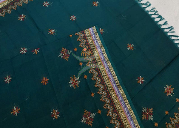 Dark Teal with Gold Kota Cotton Kasuti embroidered Duppata with Traditional motifs.