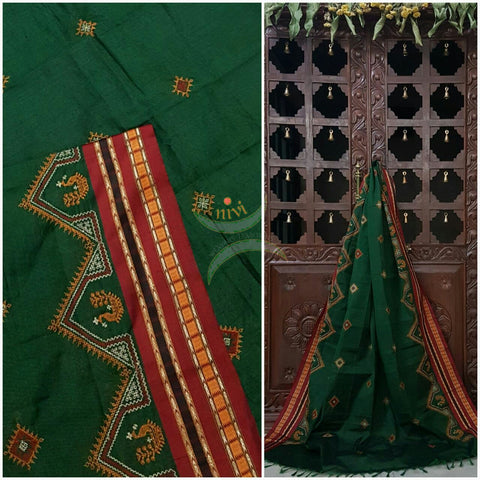 Green with Red Kota Cotton Kasuti embroidered Duppata with Traditional Peacock motifs.