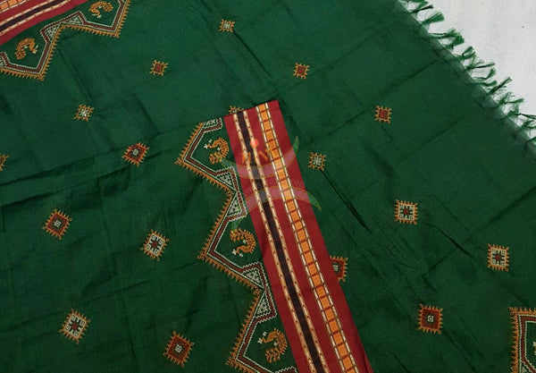 Green with Red Kota Cotton Kasuti embroidered Duppata with Traditional Peacock motifs.
