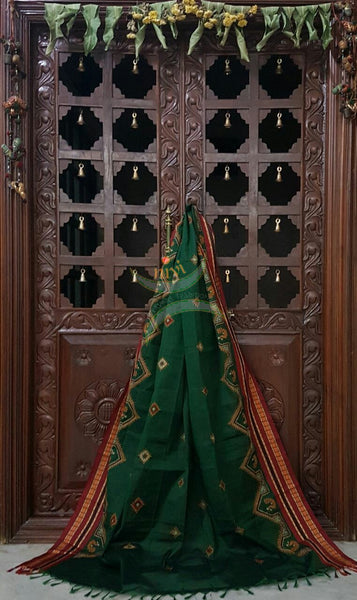 Green with Red Kota Cotton Kasuti embroidered Duppata with Traditional Peacock motifs.