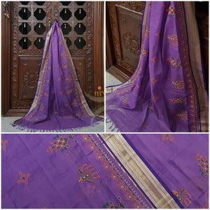 Purple with Zari border Kota Cotton Kasuti embroidered Duppata with Traditional Anne Ambari motifs.
