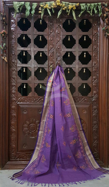 Purple with Zari border Kota Cotton Kasuti embroidered Duppata with Traditional Anne Ambari motifs.