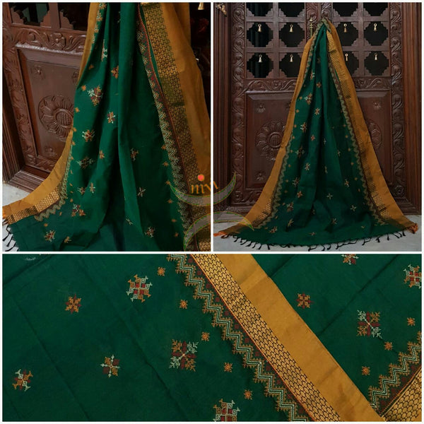 Green with Mustard Kota Cotton Kasuti embroidered Duppata with Traditional motifs.