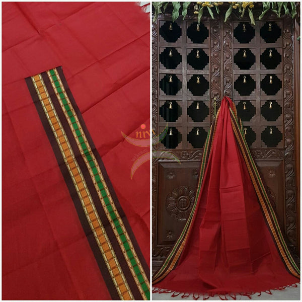 Red with Brown south kota cotton dupatta with woven border.