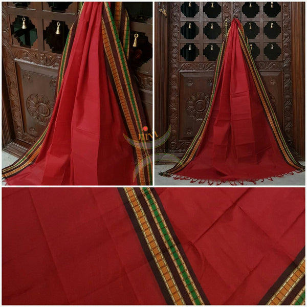 Red with Brown south kota cotton dupatta with woven border.