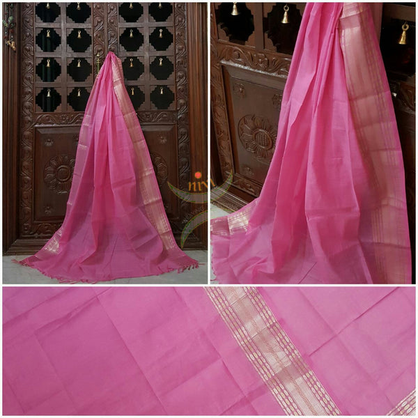 Pink with silver south kota cotton dupatta with woven zari  border.