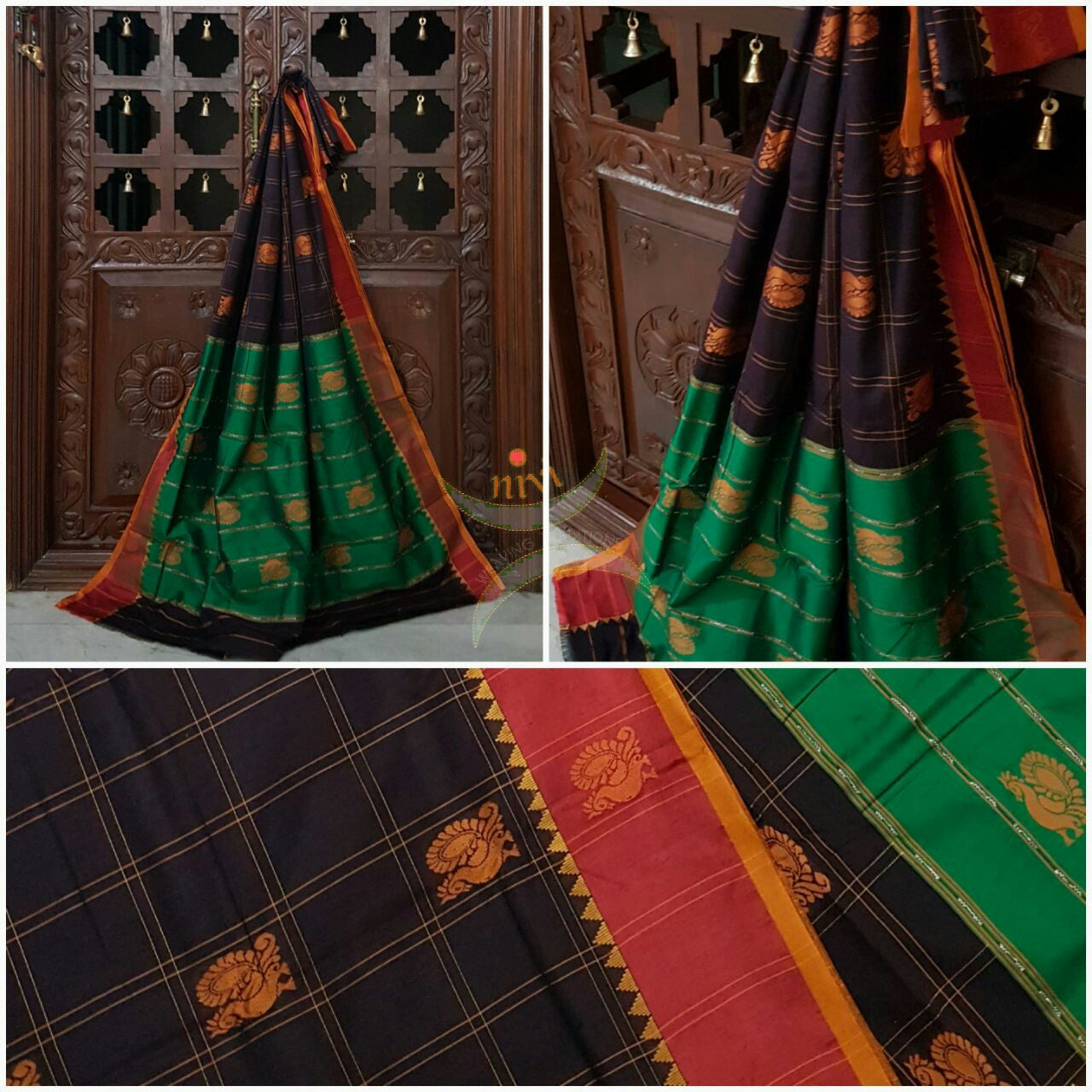 Brown with Red and green sico traditional South saree with peacock motif allover the saree, border and pallu.