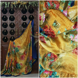 Gold wrinkle printed crepe with satin finish and floral print.