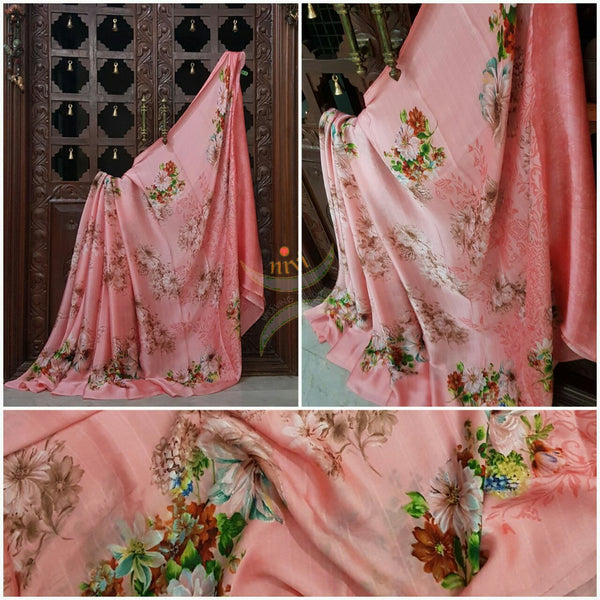 Pink wrinkle printed crepe with satin finish and floral print.