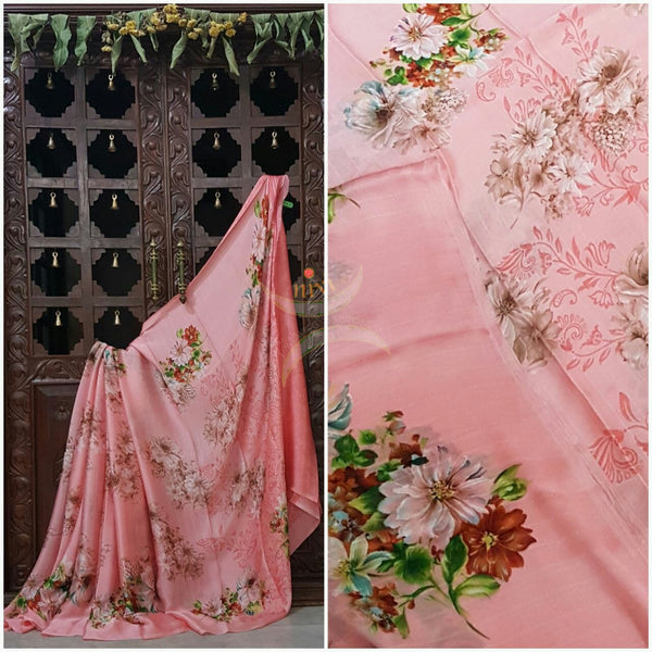 Pink wrinkle printed crepe with satin finish and floral print.