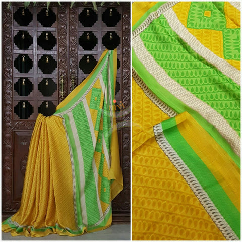 Lemon Yellow wrinkle printed crepe with satin finish and floral print.