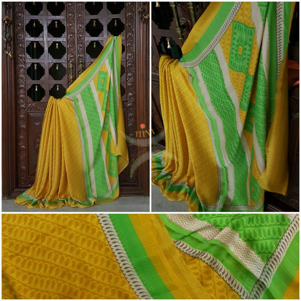 Lemon Yellow wrinkle printed crepe with satin finish and floral print.