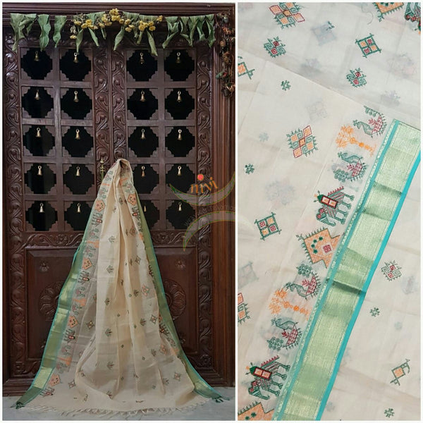 Off white with blue Kota Cotton Kasuti embroidered Duppata with Traditional Anne Gopura motifs.