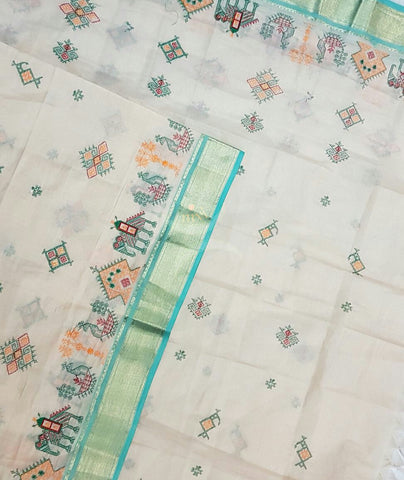 Off white with blue Kota Cotton Kasuti embroidered Duppata with Traditional Anne Gopura motifs.