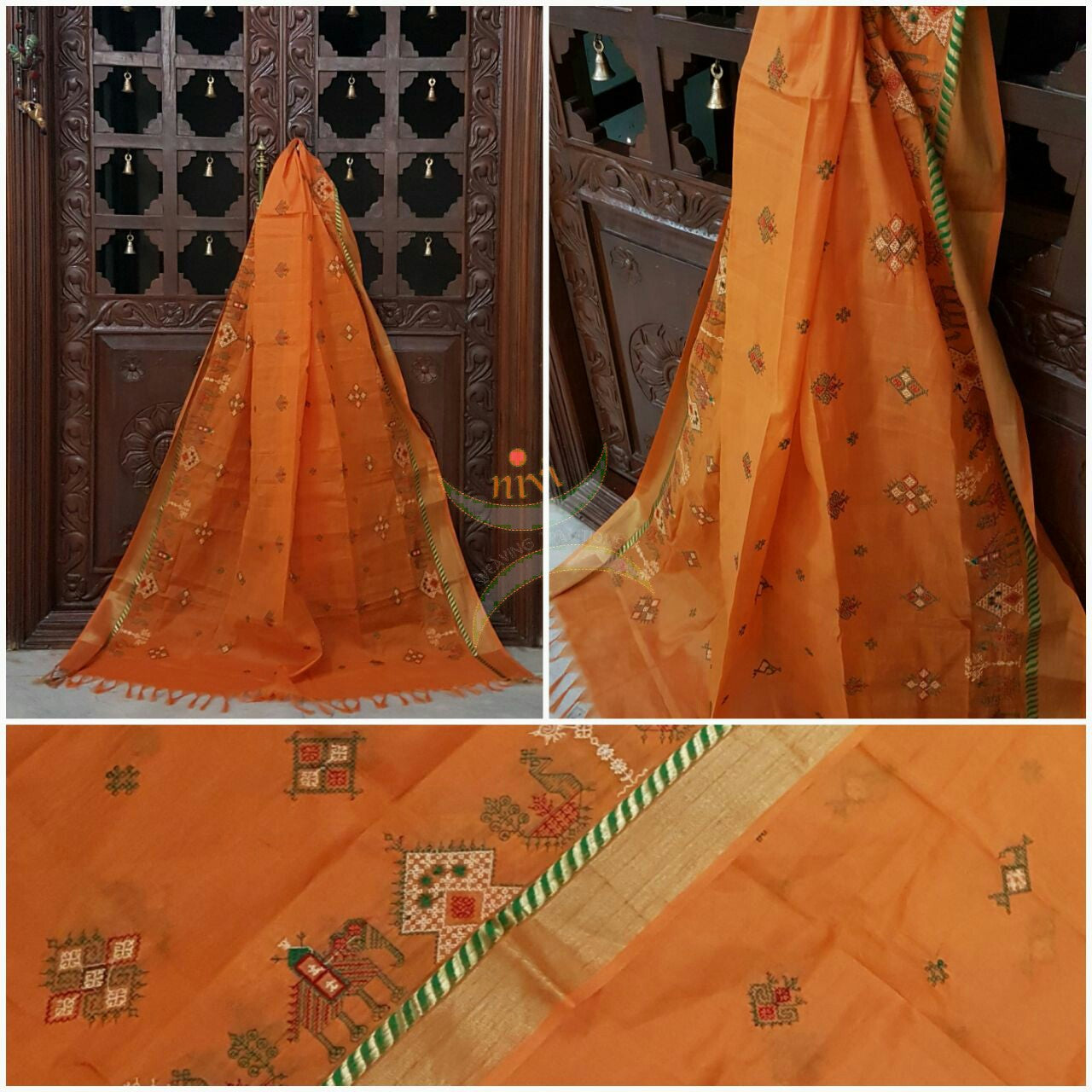 Orange with Gold Kota Cotton Kasuti embroidered Duppata with Traditional Anne Gopura motifs.