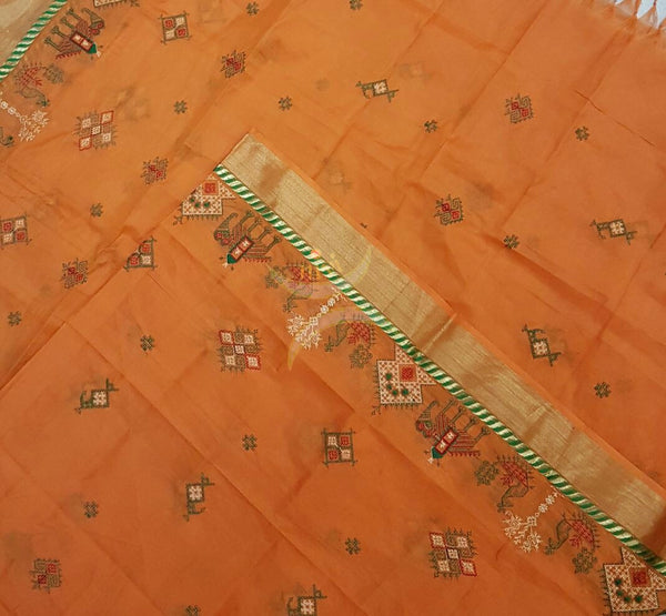 Orange with Gold Kota Cotton Kasuti embroidered Duppata with Traditional Anne Gopura motifs.