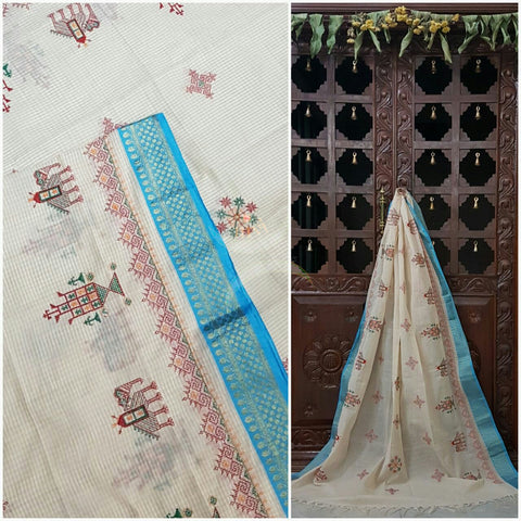 Off white with Blue chequared Kota Cotton Kasuti embroidered Duppata with Traditional Anne Ambari motifs.