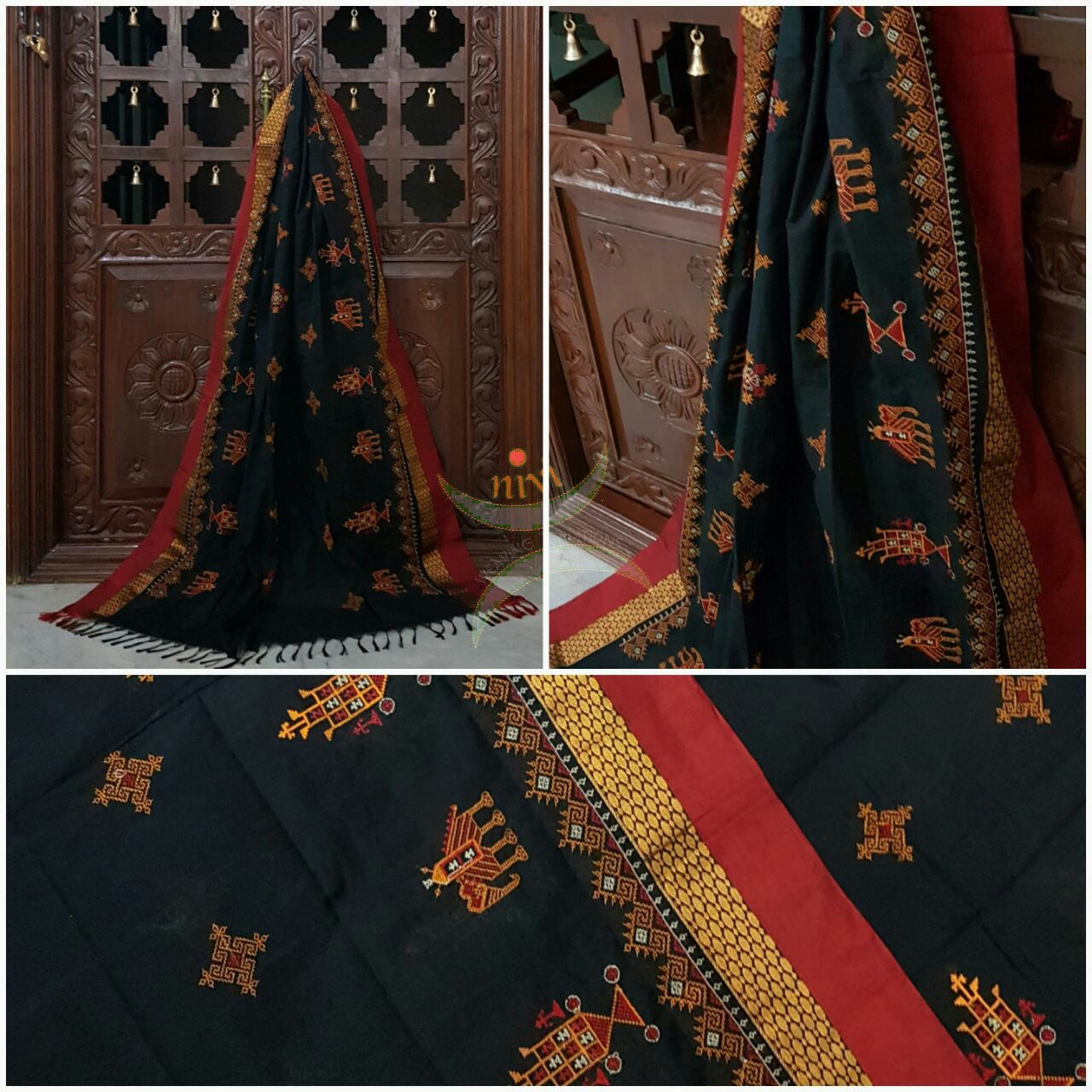 Black with Red Kota Cotton Kasuti embroidered Duppata with Traditional Anne Ambari motifs.