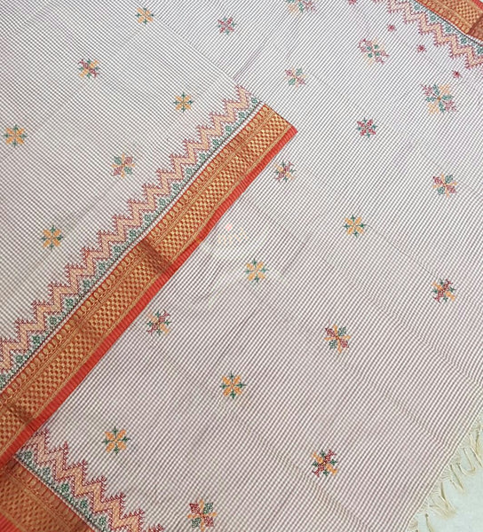 Off white with Pink chequared Kota Cotton Kasuti embroidered Duppata with Traditional Anne Ambari motifs.