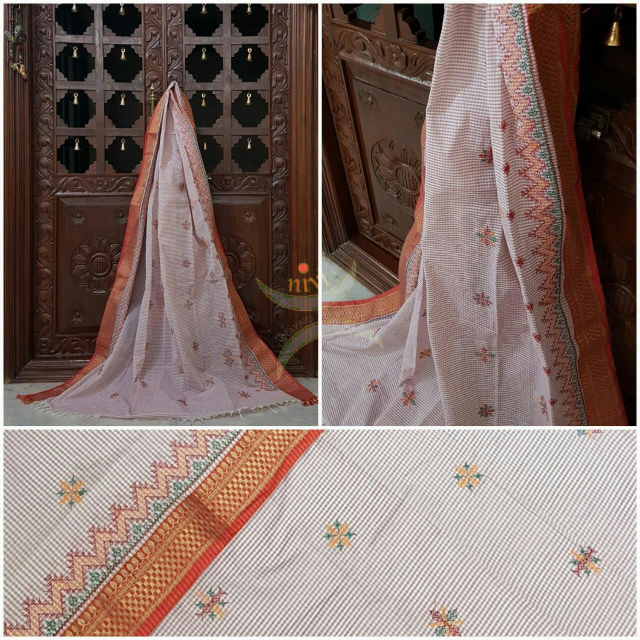 Off white with Pink chequared Kota Cotton Kasuti embroidered Duppata with Traditional Anne Ambari motifs.