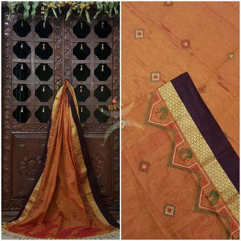 Orange with Black Kota Cotton Kasuti embroidered Duppata with Traditional Peacock motifs.
